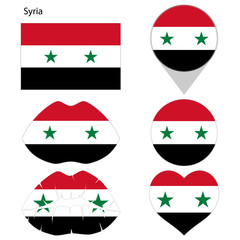 Flag of Syria, set. Correct proportions, lips, imprint of kiss, map pointer, heart, icon. Abstract concept. Vector illustration on white background.