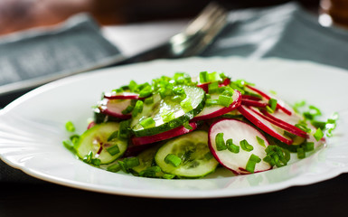 Salad with radish, cucumber, leek and chive in plate on a wooden table