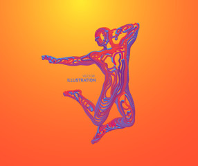 Jumping man. Freedom concept. 3d vector Illustration. Wire connection to virtual reality.