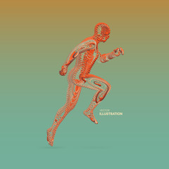 Running man. Emblem for marathon and jogging. 3d model of man. Vector Illustration. Wire connection to virtual reality.