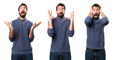 Set of Frustrated handsome brunette man with beard