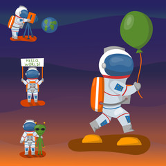 Vector astronauts in space, working character and having fun spaceman galaxy atmosphere system fantasy traveler man.