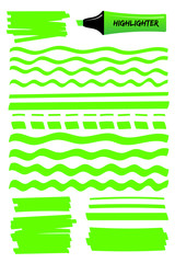 Hand drawn highlighter brush graphic set. Bright green hand drawings with solid lines, wavy strokes, dashed stripes and highlight marker sketchy boxes. Vector illustration for school style notes