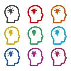 Human head with light bulb icon, color icons set