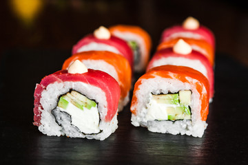 dishes of Japanese cuisine rolls with fish