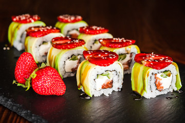 dishes of Japanese cuisine rolls with fish