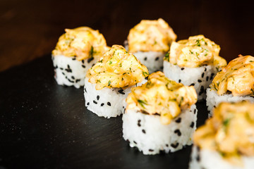 dishes of Japanese cuisine rolls with fish