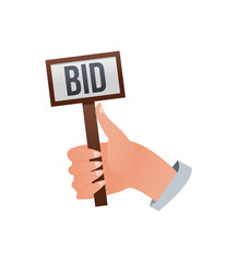 Human hands holding BID signs. Potential buyers making higher bids to get goods and property vector illustration.