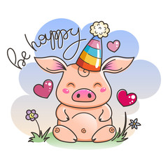 Cute cartoon pig in love. Symbol of New 2019 Year