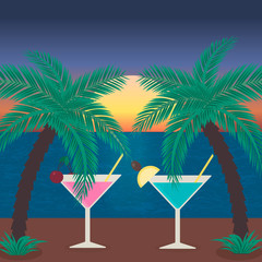 Sunset beach with sea, palm trees and glasses of cocktails. Tropical beach party vector illustration. Vacation and relax concept.
