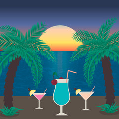 Sunset beach with sea, palm trees and glasses of cocktails. Tropical beach party vector illustration. Vacation and relax concept.