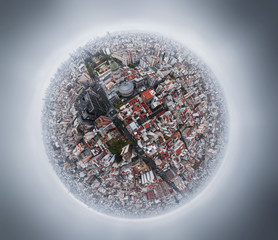 Aerial panorama in a form of a little planet of the city of Buenos Aires at a rainy day, Argentina....