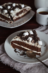 Slice of cake with chocolate, cream and marshmallows