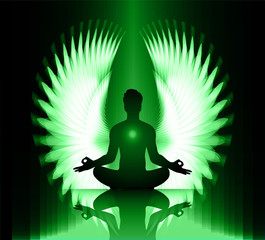 man meditate green abstract radius background, yoga. angel wings