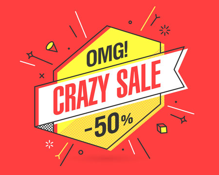 Crazy Sale banner template in flat trendy memphis geometric style, retro 80s - 90s paper style poster, placard, web banner design