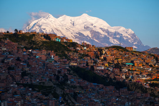 City of La Paz and mountain of Illimani (Aymara) on the background, Bolivia