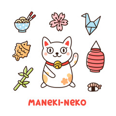 Cute Japanese set with cat Maneki-Neko on a white background. It can be used for sticker, patch, phone case, poster, t-shirt, mug and other design.