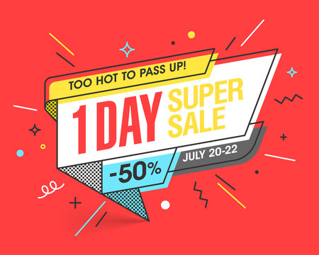 One Day Super Sale banner template in flat trendy memphis geometric style, retro 80s - 90s paper style poster, placard, web banner design