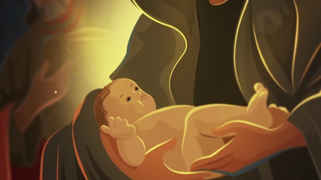Nativity scene &ndash; drawing. The camera reveal a manger with the nativity scene.