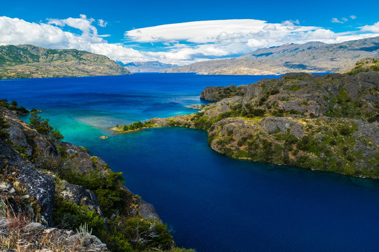 Lake of Cochrane with crystal clear blue water during day. Patagonia, Chile