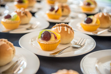 Fruits Tart And Bread On Plate, Coffee Break At Conference Meeting Business And Entrepreneurship.