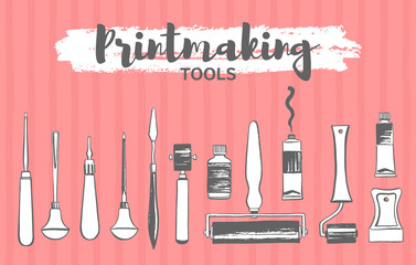 Linocut, woodcut supplies, printmaking tools flat lay hand drawn illustrations set. Lino cutter, gouge, chisel, rubber roller or brayer, paint tube, bottle, palette knife. Brush drawn rough edges.