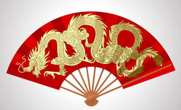 Red chinese fan with gold decorative gragon isolated on white