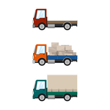 Set of Cargo Trucks Isolated on White, Red Lorry without Load , Car with Boxes, Green Small Closed Truck, Transportation and Logistics, Delivery Services, Vector Illustration