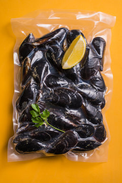 Boiled mussels in a plastic bag packaging