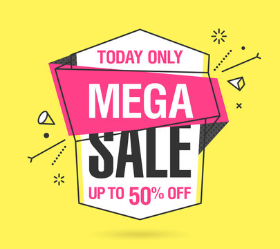 Mega Sale banner template in flat trendy memphis geometric style, retro 80s - 90s paper style poster, placard, web banner design