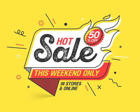 Weekend Hot Sale banner template in flat trendy memphis geometric style, retro 80s - 90s paper style poster, placard, web banner design