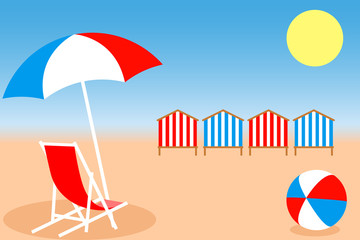 Fototapeta na wymiar Umbrella, Chair, Bright ball and Beach Huts on the seacoast. Vector illustration EPS10