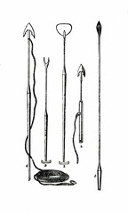 Obraz premium Harpuny i inne narzędzia używane w połowach wielorybów (4 - wczesny harpun do strzelania z armaty) (za Das Heller-Magazin, 3 lipca 1834)