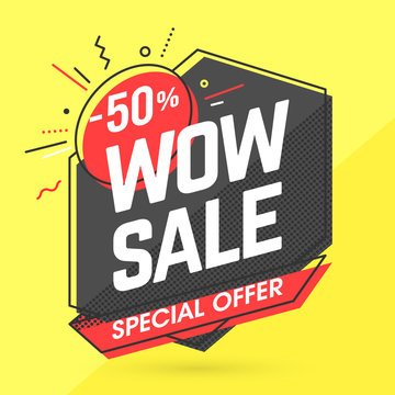 WOW Sale banner template in flat trendy memphis geometric style, retro 80s - 90s paper style poster, placard, web banner design