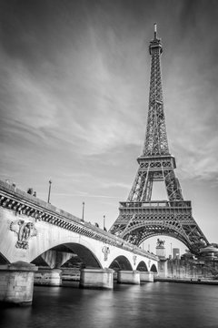 Iena bridge and Eiffel tower, black and white photogrpahy, Paris France