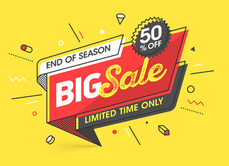 Big Sale banner template in flat trendy memphis geometric style, retro 80s - 90s paper style poster, placard, web banner design