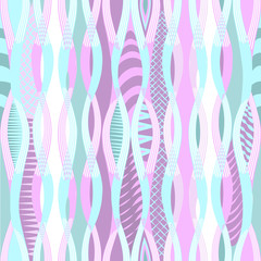 Abstract vector seamless ethnic pattern of modern pastel colors wavy interlacing lines with fragment and striped outstretched drops of seashells and ovals pinkish green tint on white background