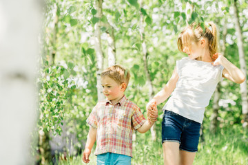 Kids walking in park with birch trees. Little girl and boy, brother and sister, playing in the garden . Family fun in summer.