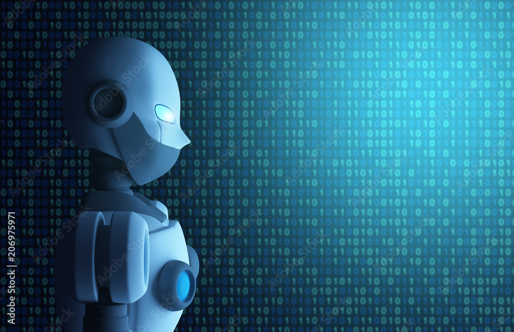 Poster robot with binary data code, artificial intelligence in futuristic technology concept, 3d illustrati