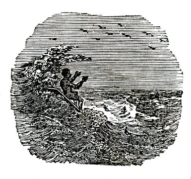 Surfing as a central part of ancient Polynesian culture - surfer of pre-contact Hawaii (from Das Heller-Magazin, June 28, 1834) 