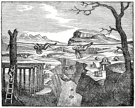 Primitive rope bridge in South America (from Das Heller-Magazin, June 28, 1834) 