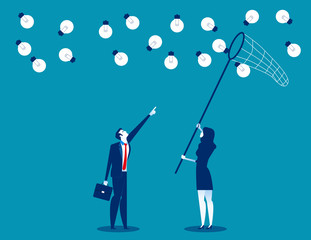 Manager and team catching ideas with a butterfly net. Concept business vector illustration, Flat busines cartoon, Character design style.