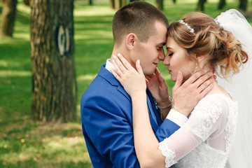 Beautiful guy and girl, bride in a white wedding dress, groom in a classic blue suit against a nature background. Wedding, family creation.