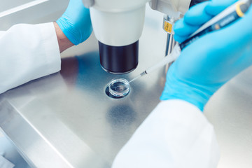 Labortechnikerin arbeitet mit Pipette im Labor 