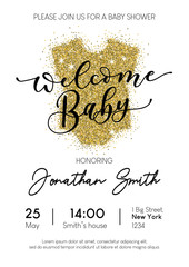 Baby shower invitation design template with gold glittered baby clothing. Minimalistic elegance design template for baby shower. Vector illustration. - obrazy, fototapety, plakaty