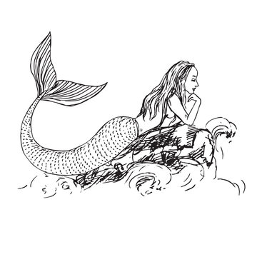 Mermaid laying on rock in sea waves, hand drawn outline doodle sketch, black and white vector illustration