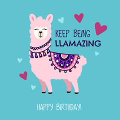 Happy Birthday greeting card with cute llama and doodles. Keep being llamazing quote with hand drawn alpaca and hearts. Vector illustration for poster, card, textile or invitation. © Microstocker.Pro