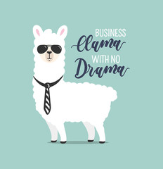 .Business Llama with no drama cute card with handrawn alpaca. Greeting card for Boss's day or motivational poster with lettering. Vector illustration. - obrazy, fototapety, plakaty