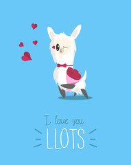 I love you llots cute card with simple llama and hearts. Modern greeting card with alpaca for Birthday, Valentine's Day etc. Cute llama with rose flowers bouquet sending kisses. Vector illustration.