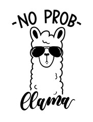 No probllama card isolated on white background. Simple white llama with sunglasses and lettering. Motivational poster for prints, cases, textile or greeting cards. Vector illustration.